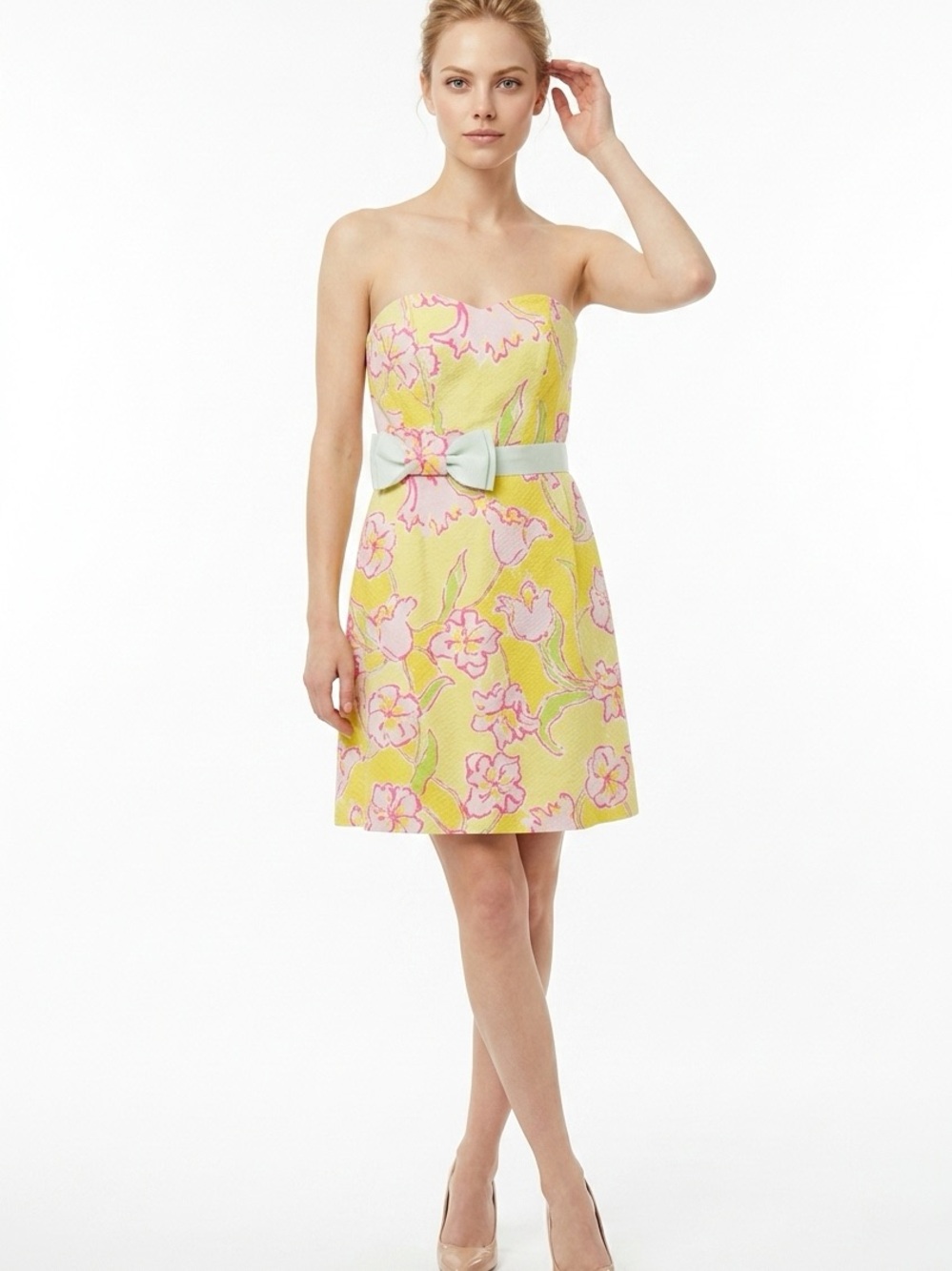 LILLY PULITZER | Yellow Floral Strapless Dress with Bow Waist Women’s Size 0
